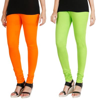 

HRINKAR BRIGHT ORANGE FLUROSCENT GREEN Soft Cotton Lycra Plain leggings for womens combo Pack of 2 Size - L XL XXL - HLGCMB0110-XL