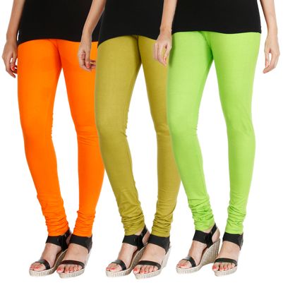 

HRINKAR BRIGHT ORANGE LIGHT GREEN FLUROSCENT GREEN Soft Cotton Lycra Plain leggings for womens combo Pack of 3 Size - L XL XXL - HLGCMB0761-L