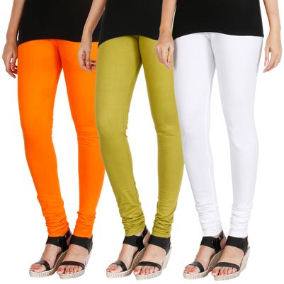 

HRINKAR BRIGHT ORANGE LIGHT GREEN WHITE Soft Cotton Lycra Plain leggings for girls combo Pack of 3 Size - L XL XXL - HLGCMB0766-L