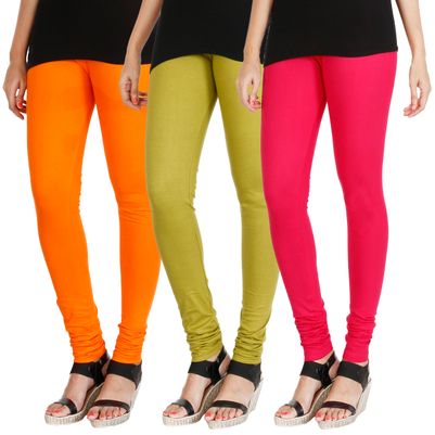 

HRINKAR BRIGHT ORANGE LIGHT GREEN DARK PINK Soft Cotton Lycra Plain leggings for girls combo Pack of 3 Size - L XL XXL - HLGCMB0763-XL