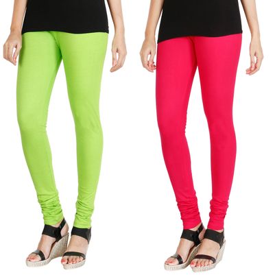 

HRINKAR FLUROSCENT GREEN DARK PINK Soft Cotton Lycra Plain leggings for womens combo Pack of 2 Size - L XL XXL - HLGCMB0123-L