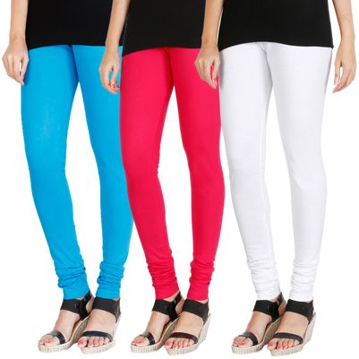 

HRINKAR LIGHT BLUE DARK PINK WHITE Soft Cotton Lycra Plain Salwar leggings combo Pack of 3 Size - L XL XXL - HLGCMB0253-L
