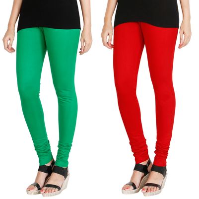 

HRINKAR LIGHT GREEN RED Soft Cotton Lycra Plain leggings for womens combo Pack of 2 Size - L XL XXL - HLGCMB0069-XXL