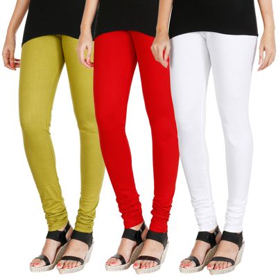 

HRINKAR LIGHT GREEN RED WHITE Soft Cotton Lycra Plain leggings womens and girls combo Pack of 3 Size - L XL XXL - HLGCMB0796-XXL
