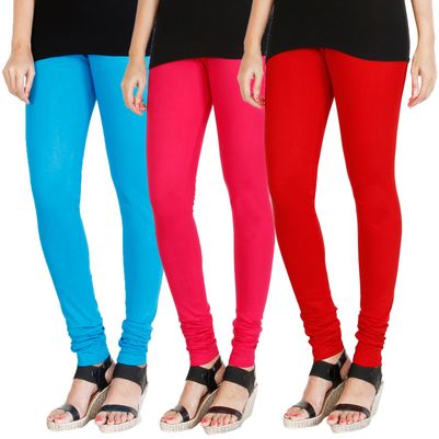 

HRINKAR LIGHT BLUE DARK PINK RED Soft Cotton Lycra Plain leggings womens and girls combo Pack of 3 Size - L XL XXL - HLGCMB0252-XXL