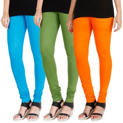 

HRINKAR LIGHT BLUE LIGHT GREEN BRIGHT ORANGE Soft Cotton Lycra Plain leggings for girls combo Pack of 3 Size - L XL XXL - HLGCMB0144-XXL