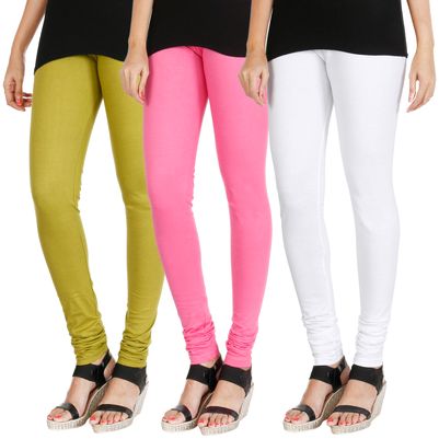 

HRINKAR LIGHT GREEN LIGHT PINK WHITE Soft Cotton Lycra Plain girls leggings combo Pack of 3 Size - L XL XXL - HLGCMB0790-XXL