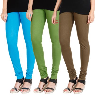 

HRINKAR LIGHT BLUE LIGHT GREEN MEHENDI Soft Cotton Lycra Plain leggings for womens combo Pack of 3 Size - L XL XXL - HLGCMB0141-XXL