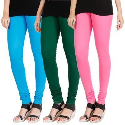 

HRINKAR LIGHT BLUE BOTTLE GREEN LIGHT PINK Soft Cotton Lycra Plain leggings for girls combo Pack of 3 Size - L XL XXL - HLGCMB0174-L