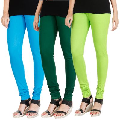 

HRINKAR LIGHT BLUE BOTTLE GREEN FLUROSCENT GREEN Soft Cotton Lycra Plain leggings Pack of 3 Size - L XL XXL - HLGCMB0173-XL