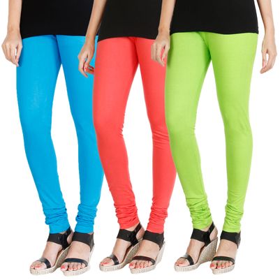 

HRINKAR LIGHT BLUE PEACH FLUROSCENT GREEN Soft Cotton Lycra Plain womens leggings combo Pack of 3 Size - L XL XXL - HLGCMB0223-L