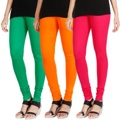 

HRINKAR LIGHT GREEN BRIGHT ORANGE DARK PINK Soft Cotton Lycra Plain girls leggings combo Pack of 3 Size - L XL XXL - HLGCMB0572-L