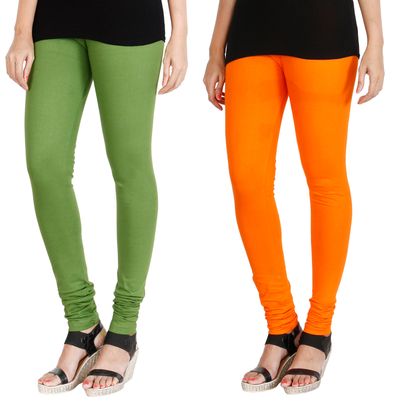 

HRINKAR LIGHT GREEN BRIGHT ORANGE Soft Cotton Lycra Plain leggings Pack of 2 Size - L XL XXL - HLGCMB0024-L