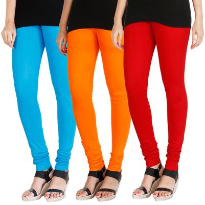 

HRINKAR LIGHT BLUE BRIGHT ORANGE RED Soft Cotton Lycra Plain leggings Pack of 3 Size - L XL XXL - HLGCMB0234-XXL