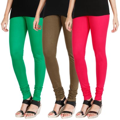 

HRINKAR LIGHT GREEN MEHENDI DARK PINK Soft Cotton Lycra Plain girls leggings combo Pack of 3 Size - L XL XXL - HLGCMB0548-L