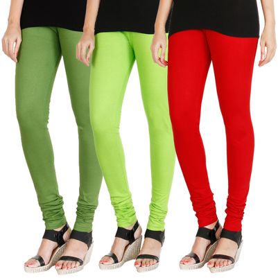

HRINKAR LIGHT GREEN FLUROSCENT GREEN RED Soft Cotton Lycra Plain girls leggings combo Pack of 3 Size - L XL XXL - HLGCMB0350-XXL