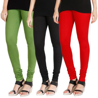 

HRINKAR LIGHT GREEN BLACK RED Soft Cotton Lycra Plain womens leggings combo Pack of 3 Size - L XL XXL - HLGCMB0305-XXL