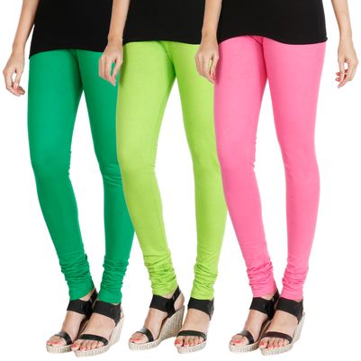 

HRINKAR LIGHT GREEN FLUROSCENT GREEN LIGHT PINK Soft Cotton Lycra Plain girls leggings combo Pack of 3 Size - L XL XXL - HLGCMB0582-XXL