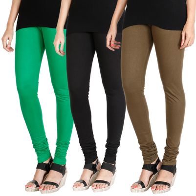 

HRINKAR LIGHT GREEN BLACK MEHENDI Soft Cotton Lycra Plain leggings for girls combo Pack of 3 Size - L XL XXL - HLGCMB0531-XL