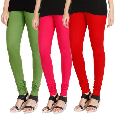 

HRINKAR LIGHT GREEN DARK PINK RED Soft Cotton Lycra Plain Salwar leggings combo Pack of 3 Size - L XL XXL - HLGCMB0357-L