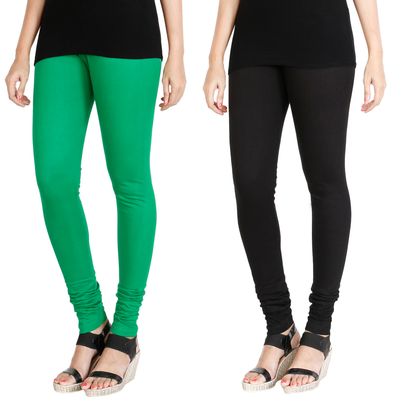 

HRINKAR LIGHT GREEN BLACK Soft Cotton Lycra Plain leggings for womens combo Pack of 2 Size - L XL XXL - HLGCMB0059-L