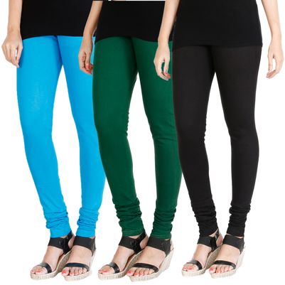 

HRINKAR LIGHT BLUE BOTTLE GREEN BLACK Soft Cotton Lycra Plain leggings womens and girls combo Pack of 3 Size - L XL XXL - HLGCMB0167-XL