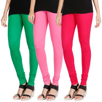

HRINKAR LIGHT GREEN LIGHT PINK DARK PINK Soft Cotton Lycra Plain leggings for womens combo Pack of 3 Size - L XL XXL - HLGCMB0587-L