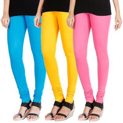 

HRINKAR LIGHT BLUE MANGO YELLOW LIGHT PINK Soft Cotton Lycra Plain womens leggings combo Pack of 3 Size - L XL XXL - HLGCMB0161-XXL