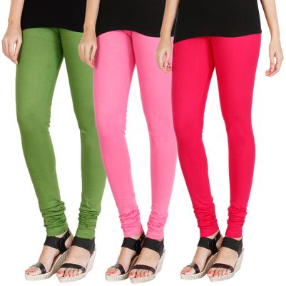 

HRINKAR LIGHT GREEN LIGHT PINK DARK PINK Soft Cotton Lycra Plain leggings for girls combo Pack of 3 Size - L XL XXL - HLGCMB0352-XXL