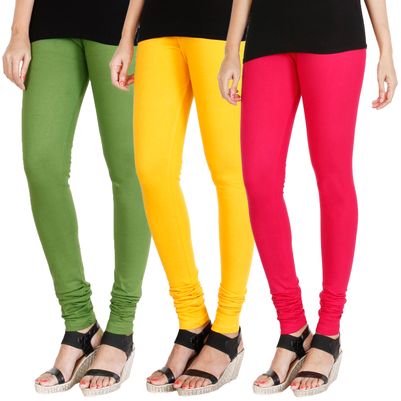 

HRINKAR LIGHT GREEN MANGO YELLOW DARK PINK Soft Cotton Lycra Plain leggings for womens combo Pack of 3 Size - L XL XXL - HLGCMB0267-XXL