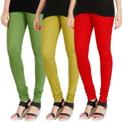 

HRINKAR LIGHT GREEN LIGHT GREEN RED Soft Cotton Lycra Plain leggings for womens combo Pack of 3 Size - L XL XXL - HLGCMB0345-L