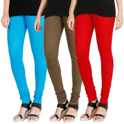 

HRINKAR LIGHT BLUE MEHENDI RED Soft Cotton Lycra Plain leggings womens and girls combo Pack of 3 Size - L XL XXL - HLGCMB0210-L