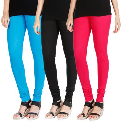 

HRINKAR LIGHT BLUE BLACK DARK PINK Soft Cotton Lycra Plain leggings for girls combo Pack of 3 Size - L XL XXL - HLGCMB0198-L