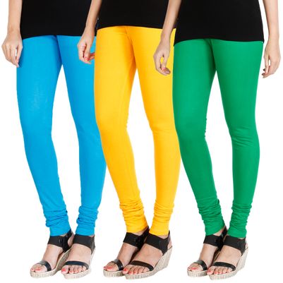 

HRINKAR LIGHT BLUE MANGO YELLOW LIGHT GREEN Soft Cotton Lycra Plain leggings for womens combo Pack of 3 Size - L XL XXL - HLGCMB0153-L