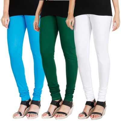 

HRINKAR LIGHT BLUE BOTTLE GREEN WHITE Soft Cotton Lycra Plain Salwar leggings combo Pack of 3 Size - L XL XXL - HLGCMB0178-XL
