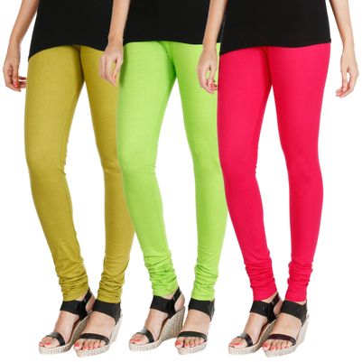 

HRINKAR LIGHT GREEN FLUROSCENT GREEN DARK PINK Soft Cotton Lycra Plain leggings womens and girls combo Pack of 3 Size - L XL XXL - HLGCMB0783-XL