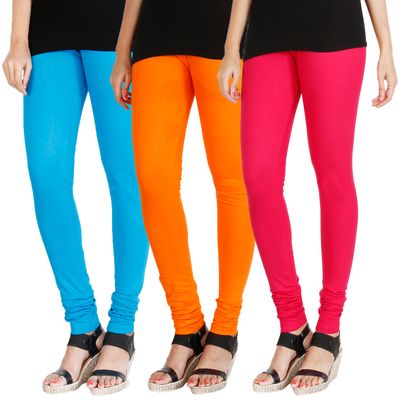 

HRINKAR LIGHT BLUE BRIGHT ORANGE DARK PINK Soft Cotton Lycra Plain leggings Pack of 3 Size - L XL XXL - HLGCMB0232-L