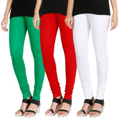 

HRINKAR LIGHT GREEN RED WHITE Soft Cotton Lycra Plain girls leggings combo Pack of 3 Size - L XL XXL - HLGCMB0596-L