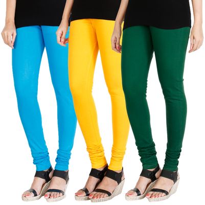 

HRINKAR LIGHT BLUE MANGO YELLOW BOTTLE GREEN Soft Cotton Lycra Plain leggings for girls combo Pack of 3 Size - L XL XXL - HLGCMB0152-XXL