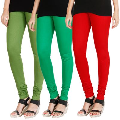 

HRINKAR LIGHT GREEN LIGHT GREEN RED Soft Cotton Lycra Plain leggings for womens combo Pack of 3 Size - L XL XXL - HLGCMB0294-XL