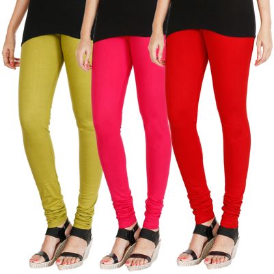 

HRINKAR LIGHT GREEN DARK PINK RED Soft Cotton Lycra Plain leggings for womens combo Pack of 3 Size - L XL XXL - HLGCMB0792-XL