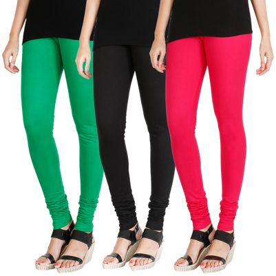 

HRINKAR LIGHT GREEN BLACK DARK PINK Soft Cotton Lycra Plain leggings womens and girls combo Pack of 3 Size - L XL XXL - HLGCMB0538-L