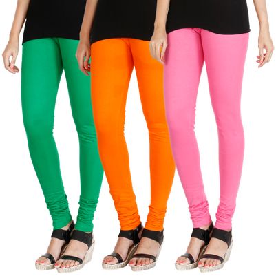 

HRINKAR LIGHT GREEN BRIGHT ORANGE LIGHT PINK Soft Cotton Lycra Plain leggings for girls combo Pack of 3 Size - L XL XXL - HLGCMB0571-XL