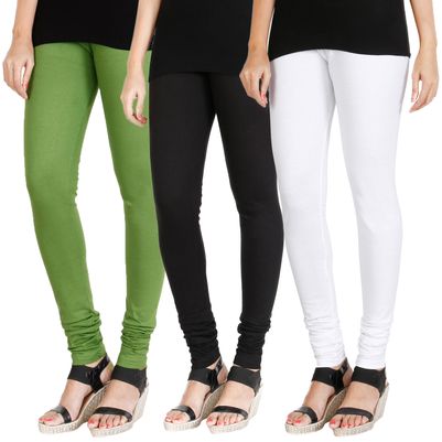 

HRINKAR LIGHT GREEN BLACK WHITE Soft Cotton Lycra Plain leggings womens and girls combo Pack of 3 Size - L XL XXL - HLGCMB0306-L