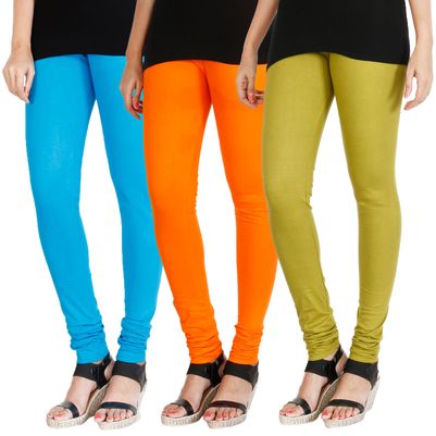 

HRINKAR LIGHT BLUE BRIGHT ORANGE LIGHT GREEN Soft Cotton Lycra Plain Salwar leggings combo Pack of 3 Size - L XL XXL - HLGCMB0229-L