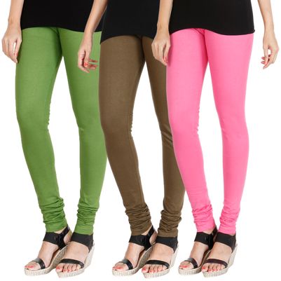 

HRINKAR LIGHT GREEN MEHENDI LIGHT PINK Soft Cotton Lycra Plain leggings for womens combo Pack of 3 Size - L XL XXL - HLGCMB0312-XL