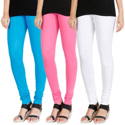 

HRINKAR LIGHT BLUE LIGHT PINK WHITE Soft Cotton Lycra Plain leggings Pack of 3 Size - L XL XXL - HLGCMB0250-XXL