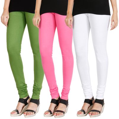 

HRINKAR LIGHT GREEN LIGHT PINK WHITE Soft Cotton Lycra Plain leggings for girls combo Pack of 3 Size - L XL XXL - HLGCMB0355-XL
