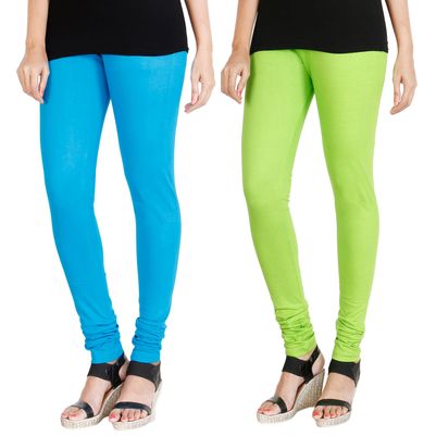 

HRINKAR LIGHT BLUE FLUROSCENT GREEN Soft Cotton Lycra Plain leggings for girls combo Pack of 2 Size - L XL XXL - HLGCMB0011-XL