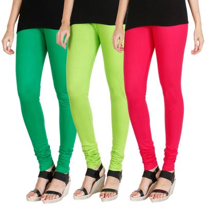 

HRINKAR LIGHT GREEN FLUROSCENT GREEN DARK PINK Soft Cotton Lycra Plain womens leggings combo Pack of 3 Size - L XL XXL - HLGCMB0583-L